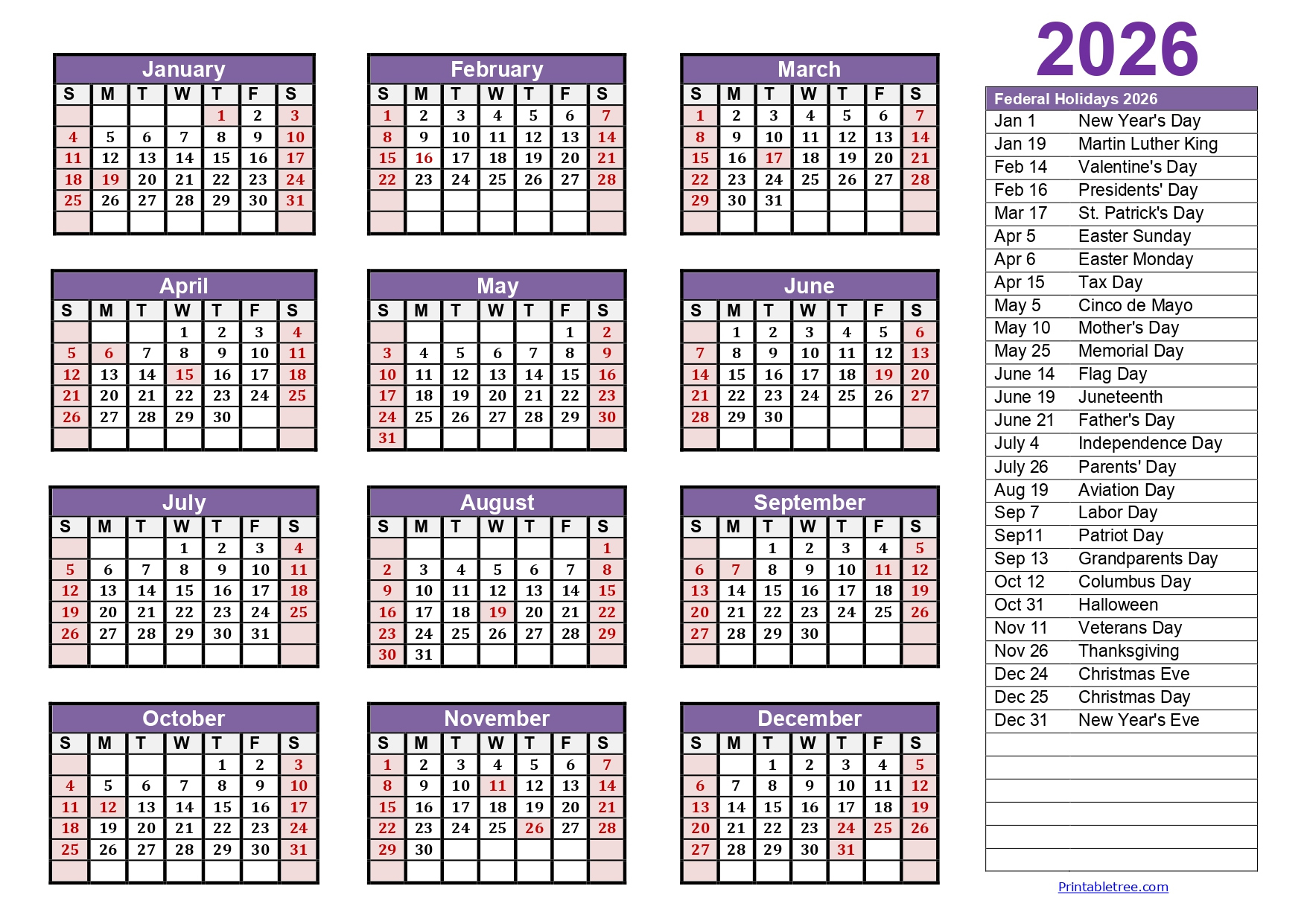 Printable Calendar 2026 One Page With Holidays (Single Page) 2026 in 2026 Yearly Calendar With Holidays