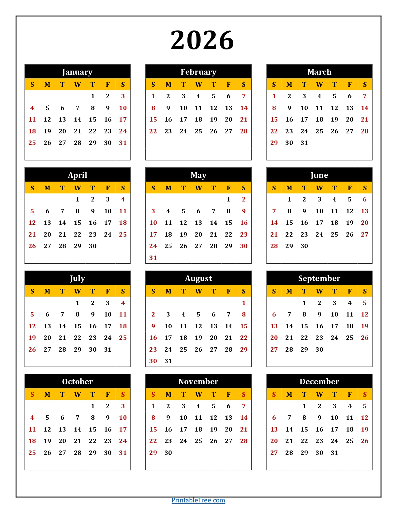 Printable Calendar 2026 One Page With Holidays (Single Page) 2026 intended for Calendar For Year 2026