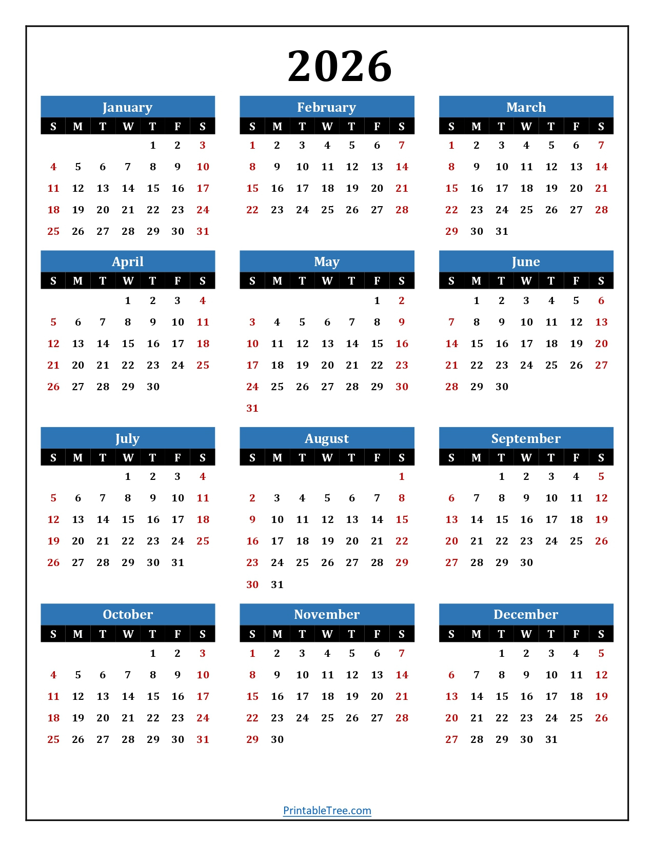 Printable Calendar 2026 One Page With Holidays (Single Page) 2026 throughout Julian Calendar 2026 Printable