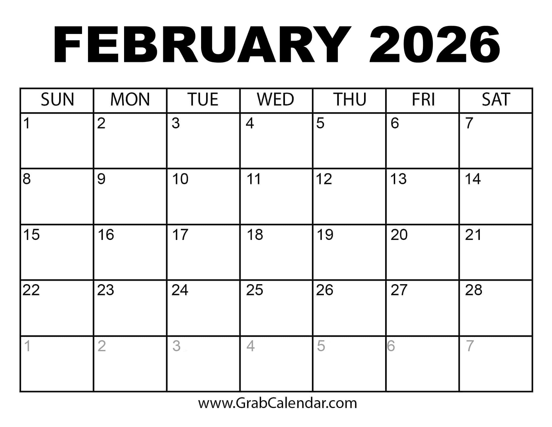 Printable February 2026 Calendar intended for February 2026 Calendar Page