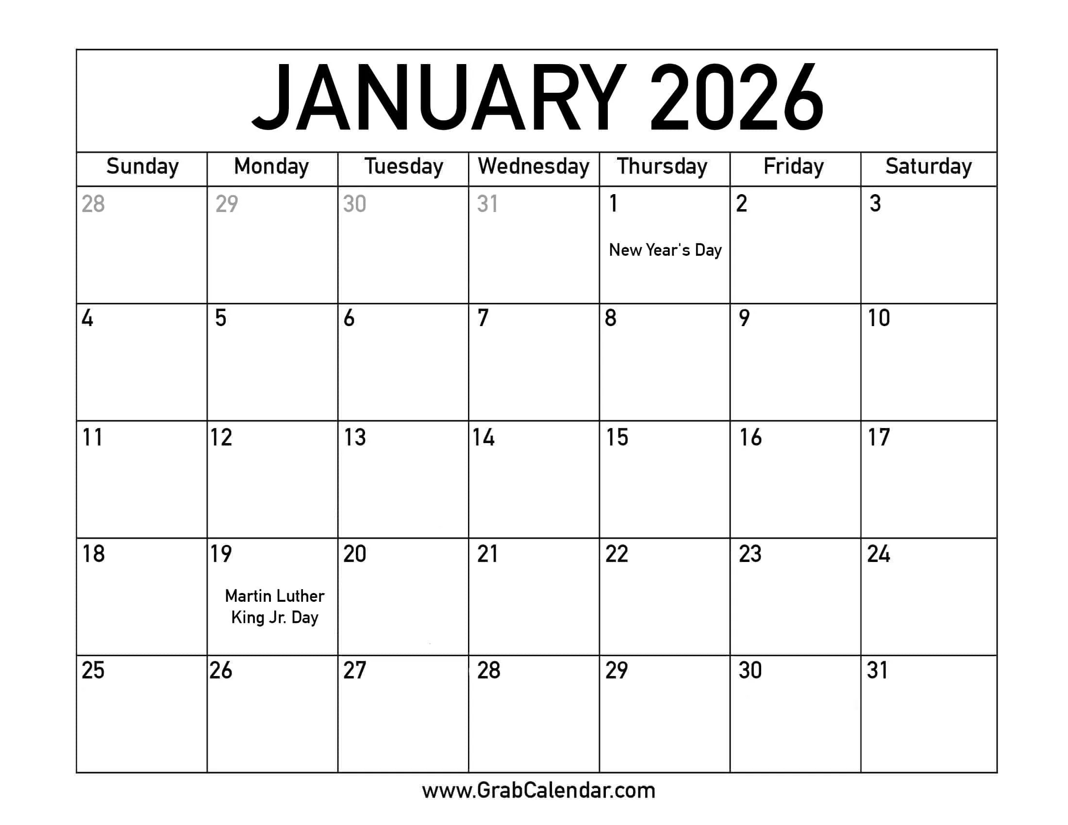Printable January 2026 Calendar intended for January 2026 Printable Calendar with Holidays
