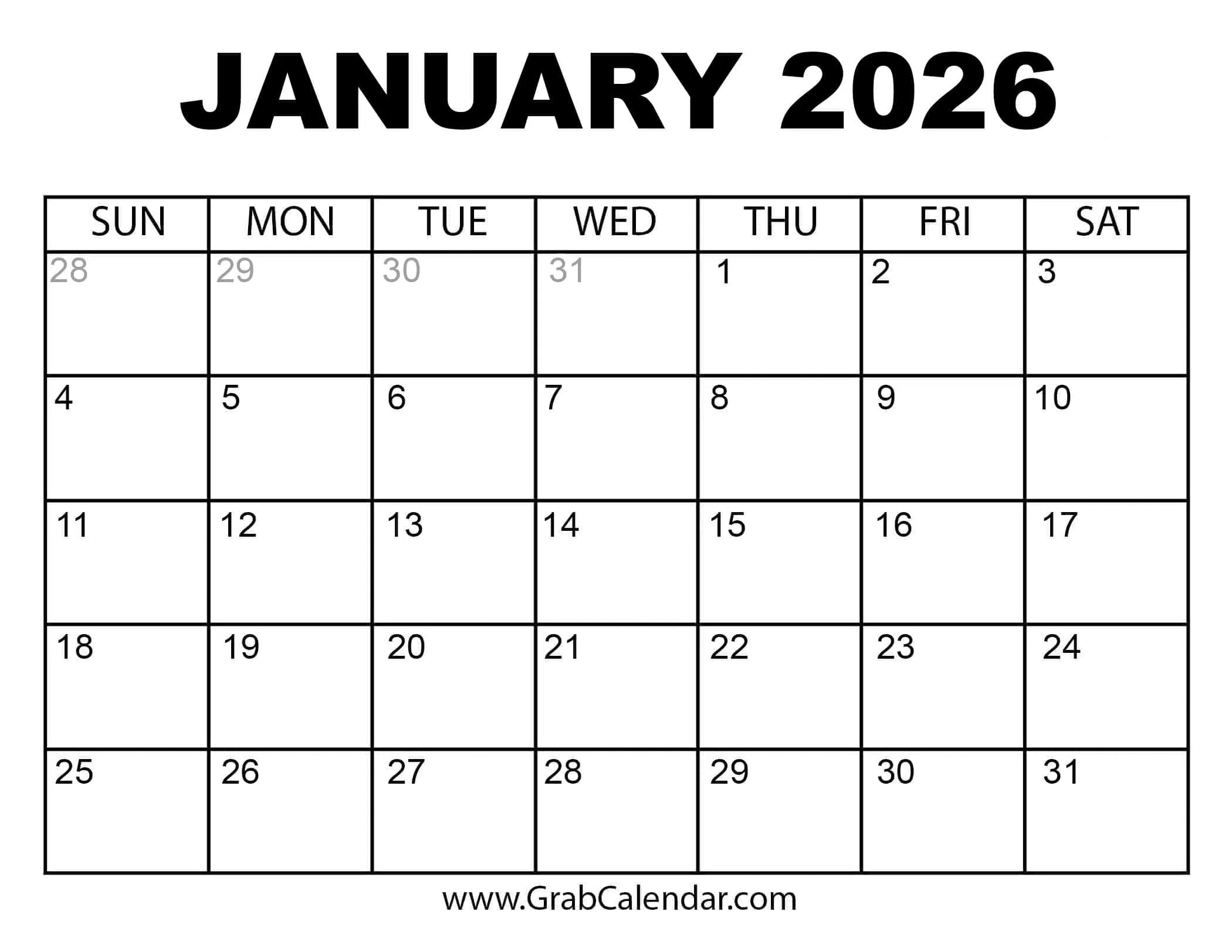 Printable January 2026 Calendar within Calendar January 2026 Free Printable