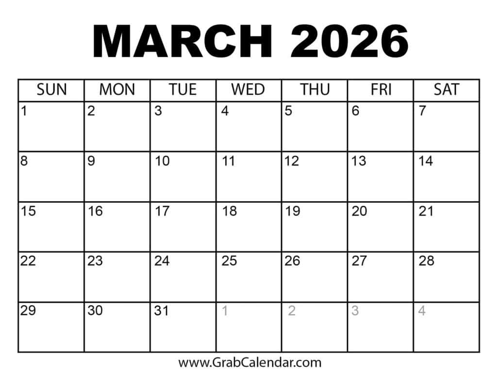 Printable March 2026 Calendar inside Printable Calendar January February March 2026