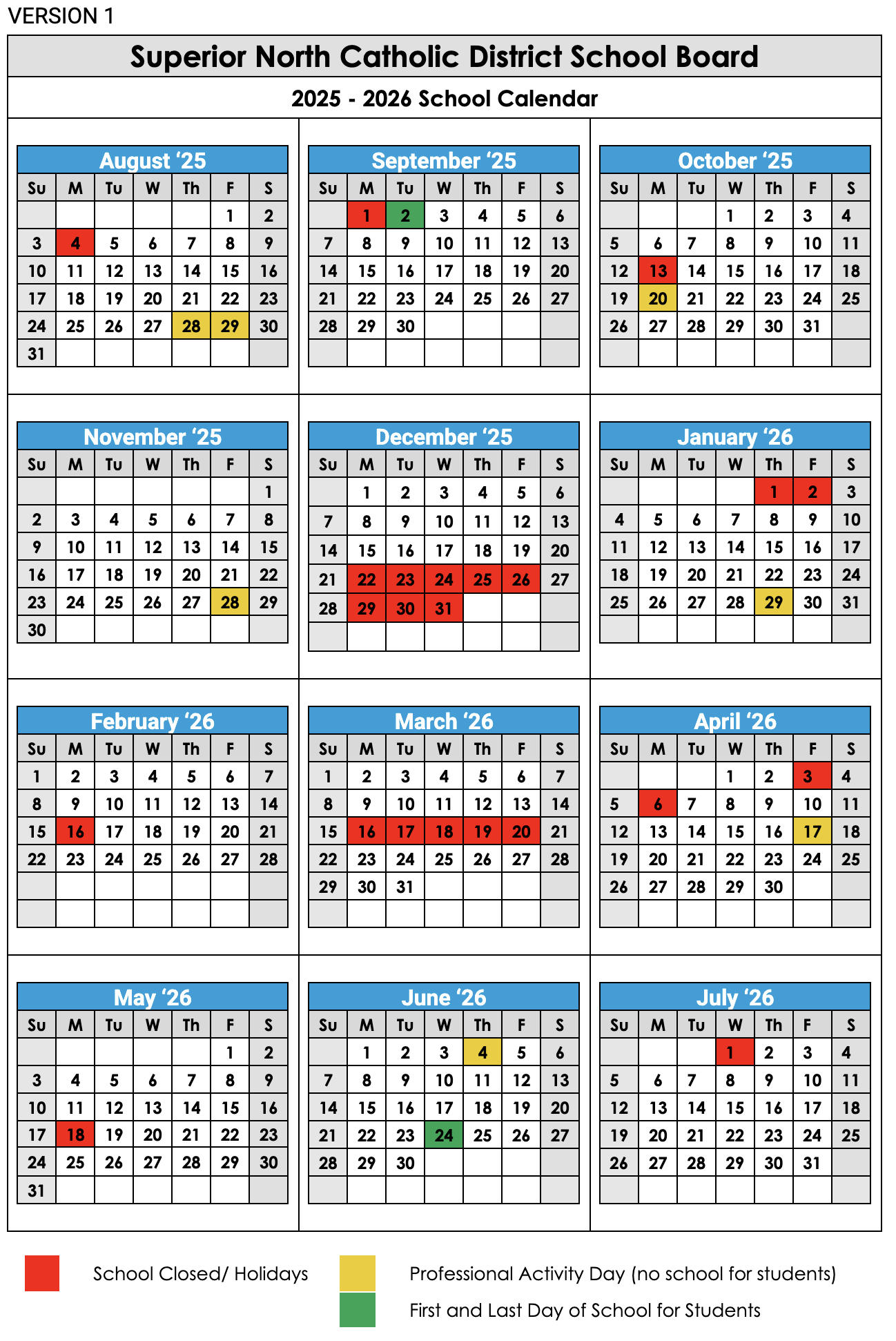 Proposed 2025-2026 School Year Calendar - Superior North Catholic with Catholic School Board Calendar 2026