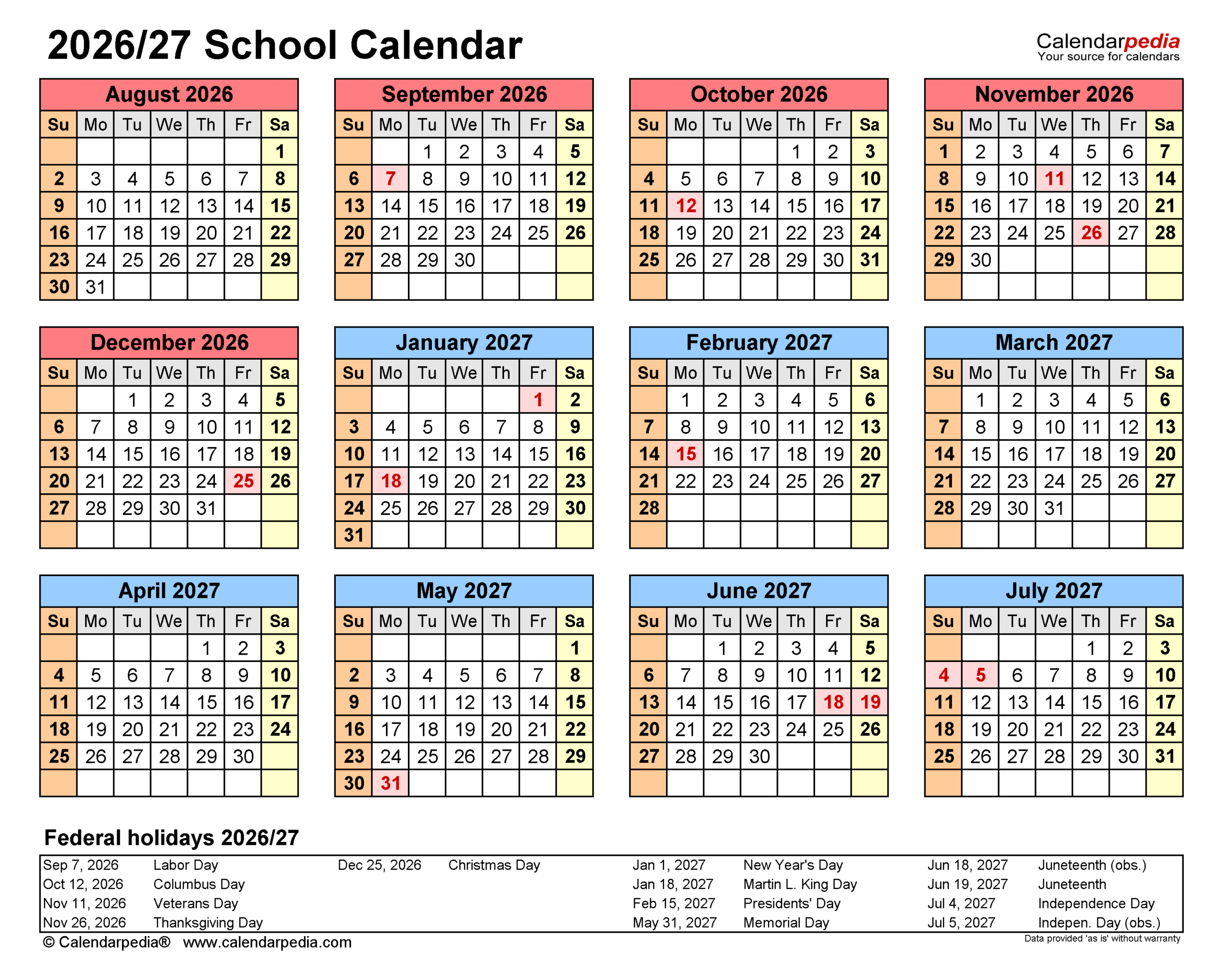 School Calendars 2026/2027 - Free Printable Pdf Templates regarding K12 Calendar 2026 - 2027
