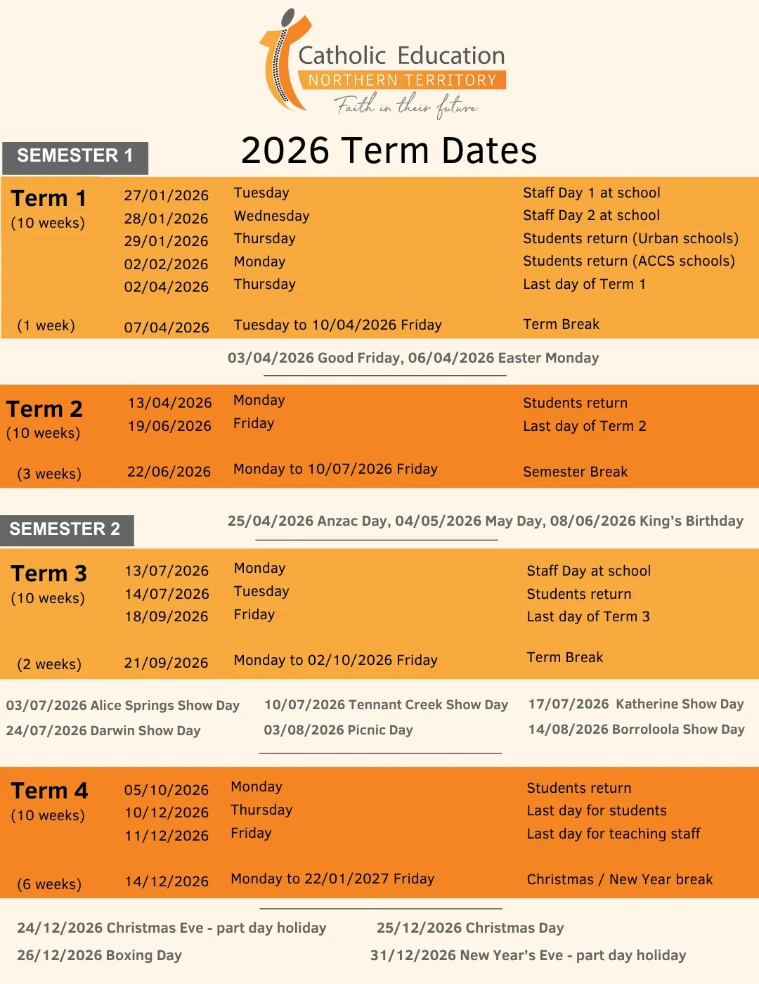 School Term Daschool Term Dates Northern Territory | Catholic in Catholic Education School Calendar 2026