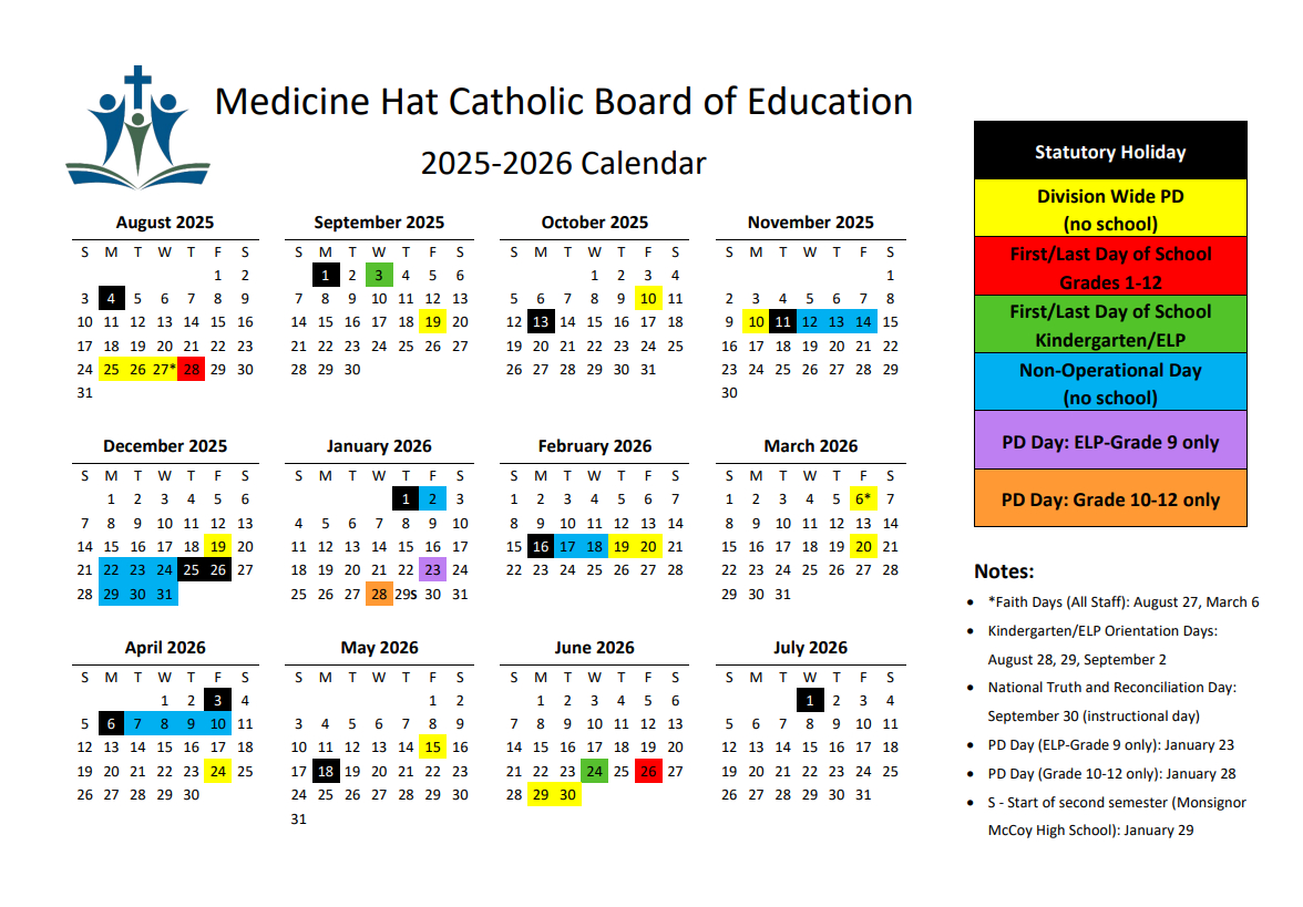 School Year Calendar 2025-2026 | Medicine Hat Catholic Board Of for Catholic Education School Calendar 2026