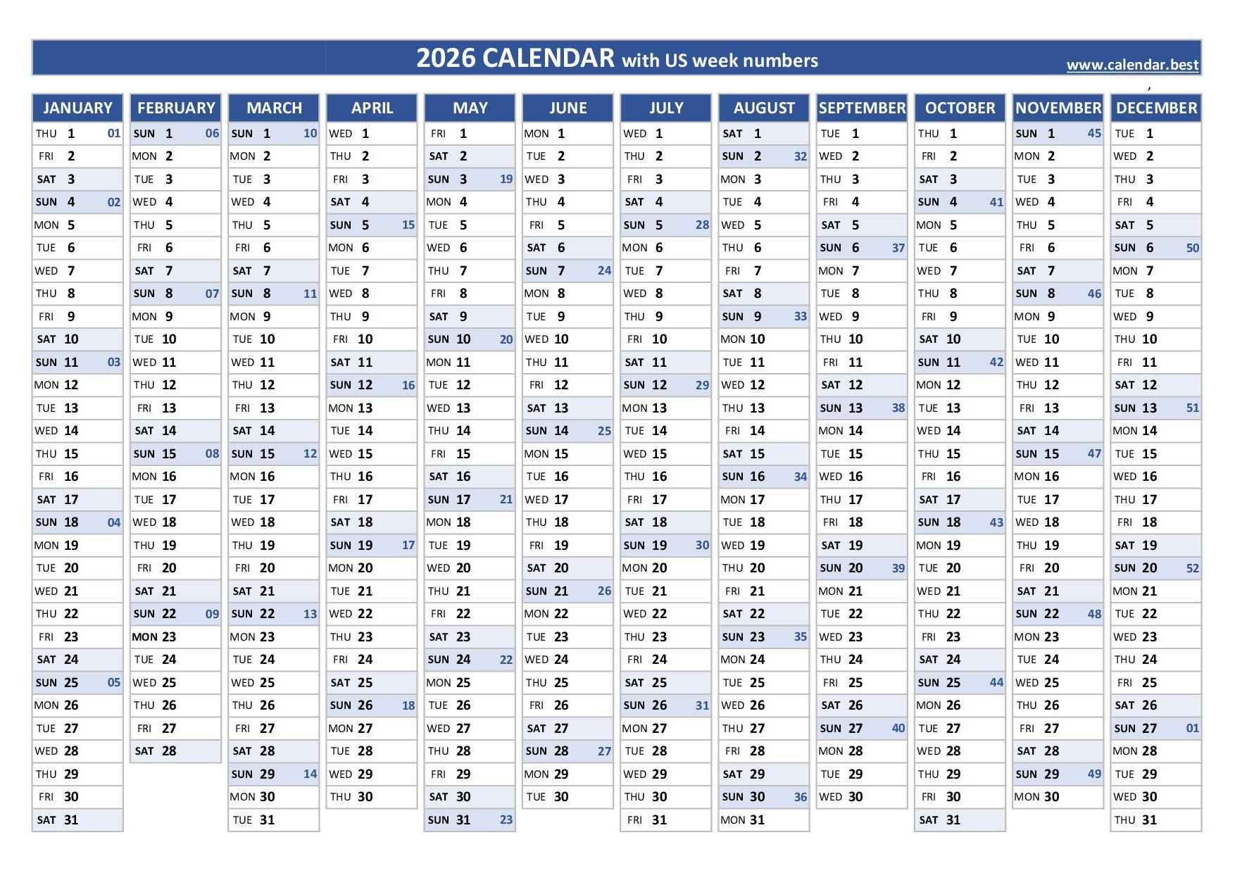 Week Numbers For 2026 : List And Calendar -Calendar.best throughout Number of Weekends in 2026